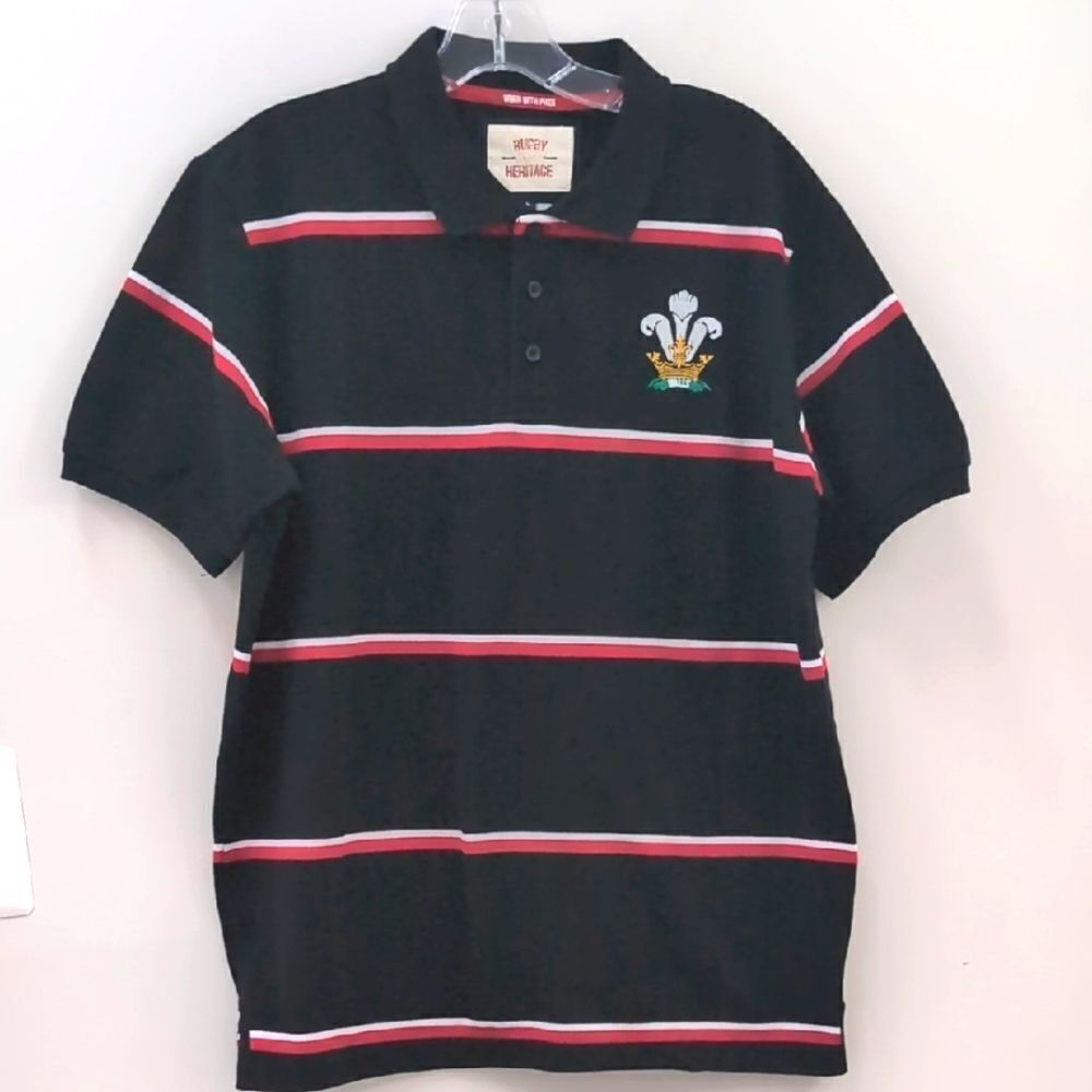 Rugby Heritage Wales Black With Red Stripes Polo Shirt Sz L